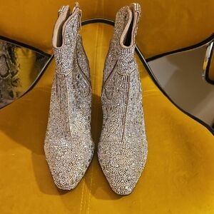 Crystal-Embellished Ankle Boots in Nude/Silver